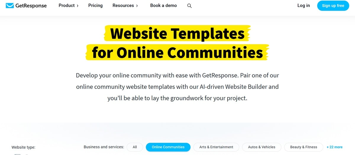 GetResponse website builder interface showing community template options with customizable branding and layout features